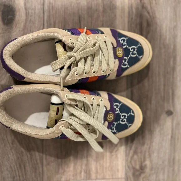 Gucci Style Beige and Purple Sneakers with Orange Stripes - Picture 3 of 6